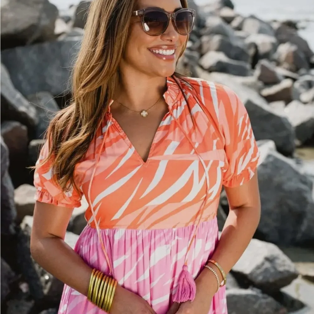 Women’s Orange & Pink Maxi Dress - Stylish Tiered Print - Picture 2 of 4